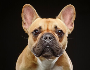 Fototapeta premium Fawn French bulldog with large, expressive eyes and upright ears, gazing intently at the camera against a black background