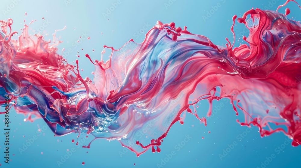 Poster  A red and blue liquid swirls above a light blue background, framed by a blue sky