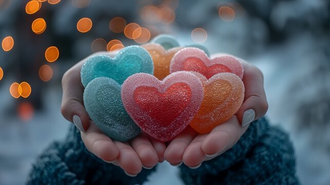 Hands Holding Colorful Heart-Shaped Candies with Festive Lights in Background