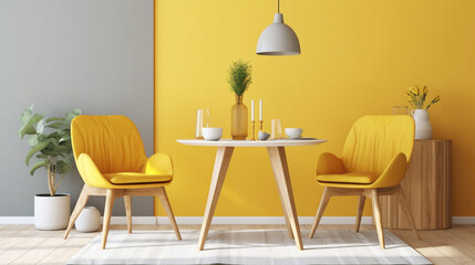 Seek solace and comfort in a cozy Scandinavian setting with two chrs, a central table, and an empty canvas agnst a backdrop of sunny yellow.