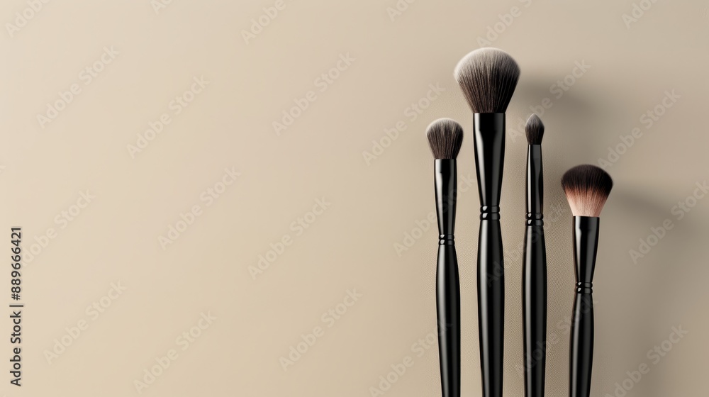 Wall mural  A collection of brushes arranged on a white table, adjacent to a beige wall with a cast shadow