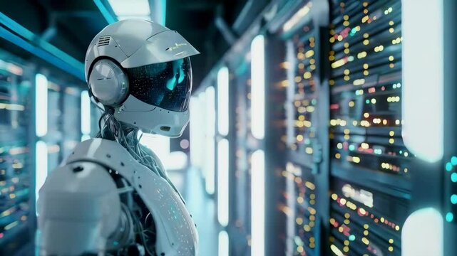 Humanoid AI robot standing in a server room working on data protection with digital screens. Metallic texture, futuristic design elements on background. High-tech equipment. Futuristic sci-fi. 