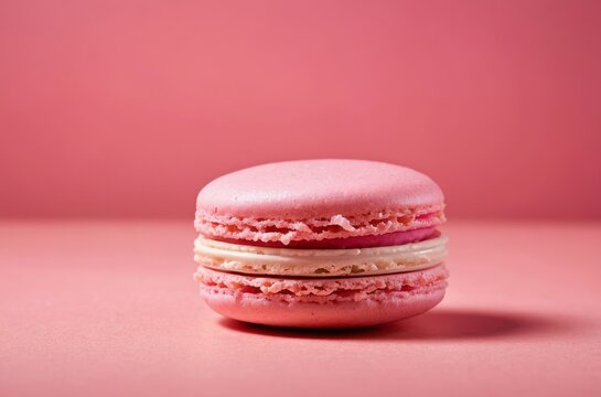 Single pink macaron on pink background