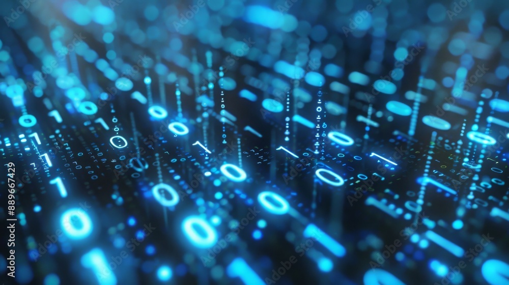 Fototapete A close-up of a digital representation of binary code, with glowing blue 1s and 0s forming an abstract pattern.