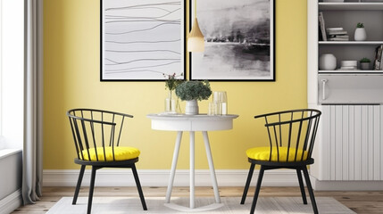 Seek solace and comfort in a cozy Scandinavian setting with two chrs, a central table, and an empty canvas agnst a backdrop of sunny yellow.