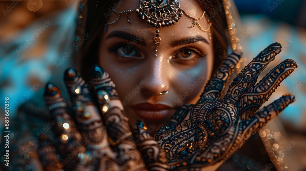 Canvas Prints  A tight shot of a woman's face, adorned with henna-painted hands and intricate jewelry accessorizing her features