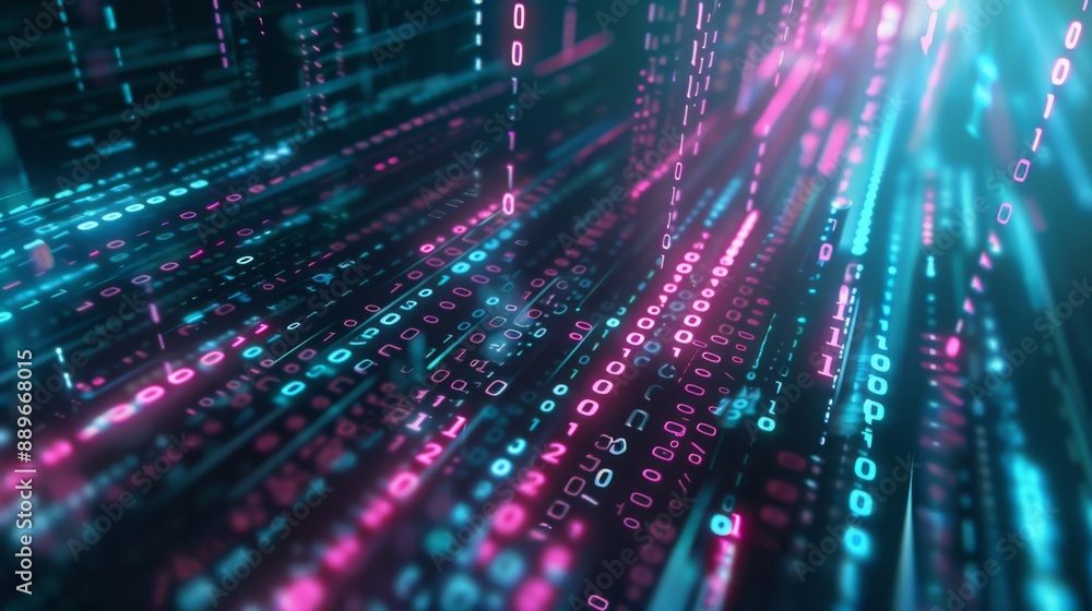 Poster A close-up view of glowing pink and blue binary code streaming downwards on a dark background.