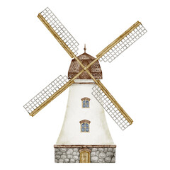 Windmill watercolor illustration. Drawing of old rustic tower with blades for flour production. Old vintage building in pastel colors. Painting of wind mill for harvest festival. © Alisles