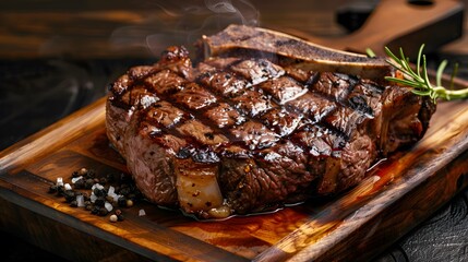 Grilled Ribeye Steak on bones on wooden board.