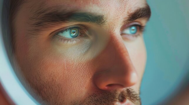 A man's face with blue eyes looks to the right, his expression thoughtful.