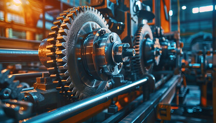 Obraz premium Engineering machinery mechanism, industrial gear or cogwheel technology engine equipment, factory business manufacturing design concept, steel transmission part connection