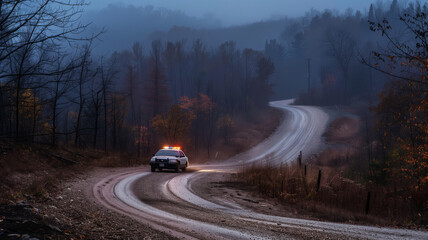A Blue Car Navigates a Winding Forest Road at Night