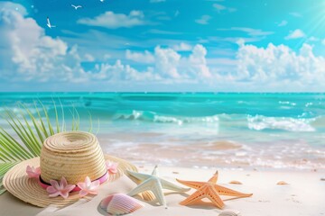 Tropical beach with sunbathing accessories summer holiday