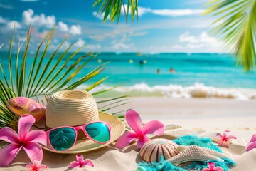 Tropical beach with sunbathing accessories summer holiday