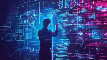 Big data technology and data science A data scientist querying analyzing and visualizing complex data sets on a virtual screen Data flow concept featuring neural networks artificial