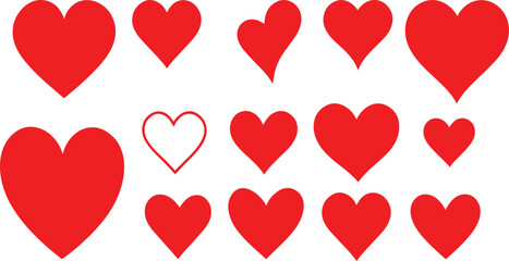 Set of red hearts, Heart, love, romance or valentine's day red heart. Heart vector icons. Artistic red heart love symbols isolated editable vector.	