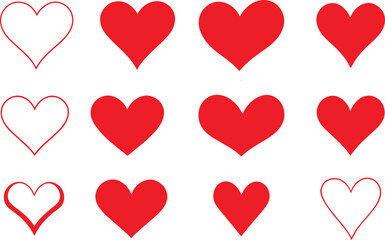 Set of red hearts, Heart, love, romance or valentine's day red heart. Heart vector icons. Artistic red heart love symbols isolated editable vector.	