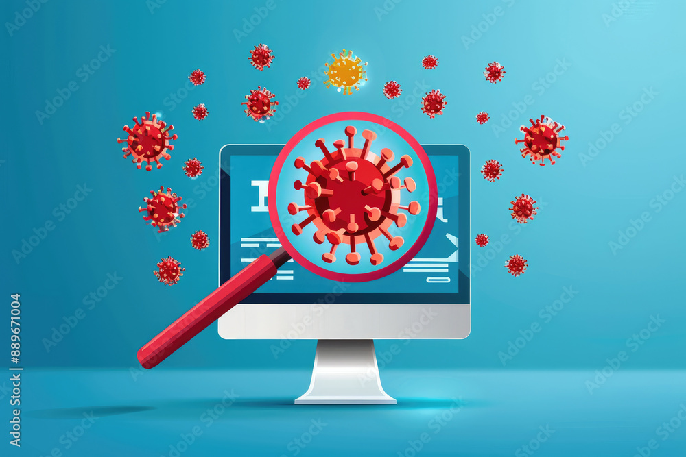 Poster explore a detailed flat design illustration featuring a magnifying glass detecting cyber threats ove