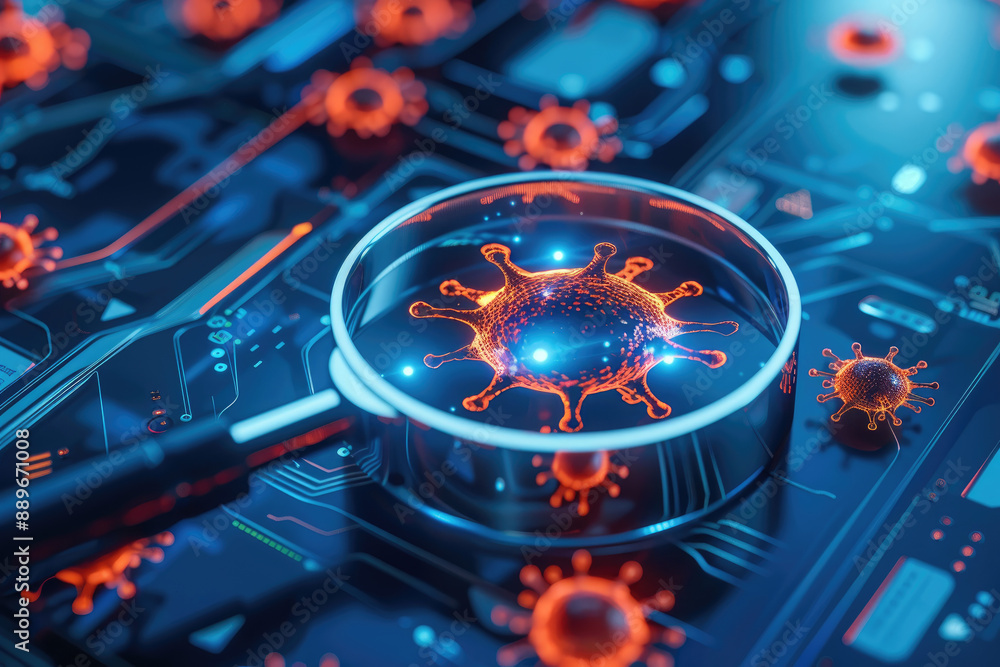 Poster explore a flat design illustration showcasing cyber threat detection with a magnifying glass focusin