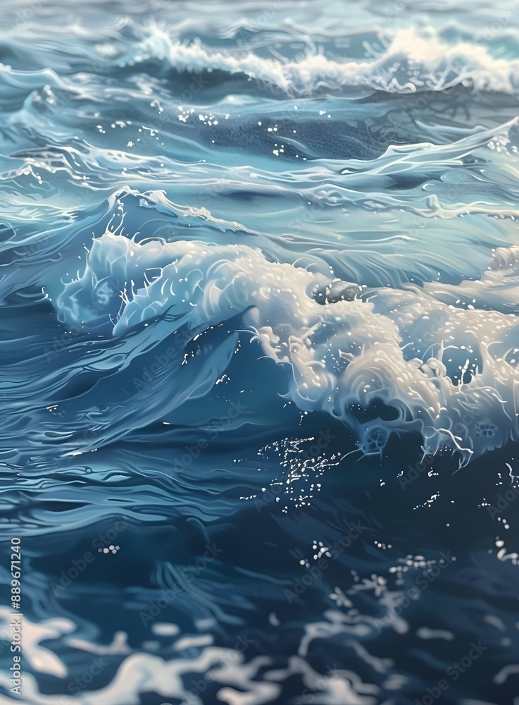 Poster a photorealistic view of the sea surface, capturing detailed patterns and textures in the water's wa