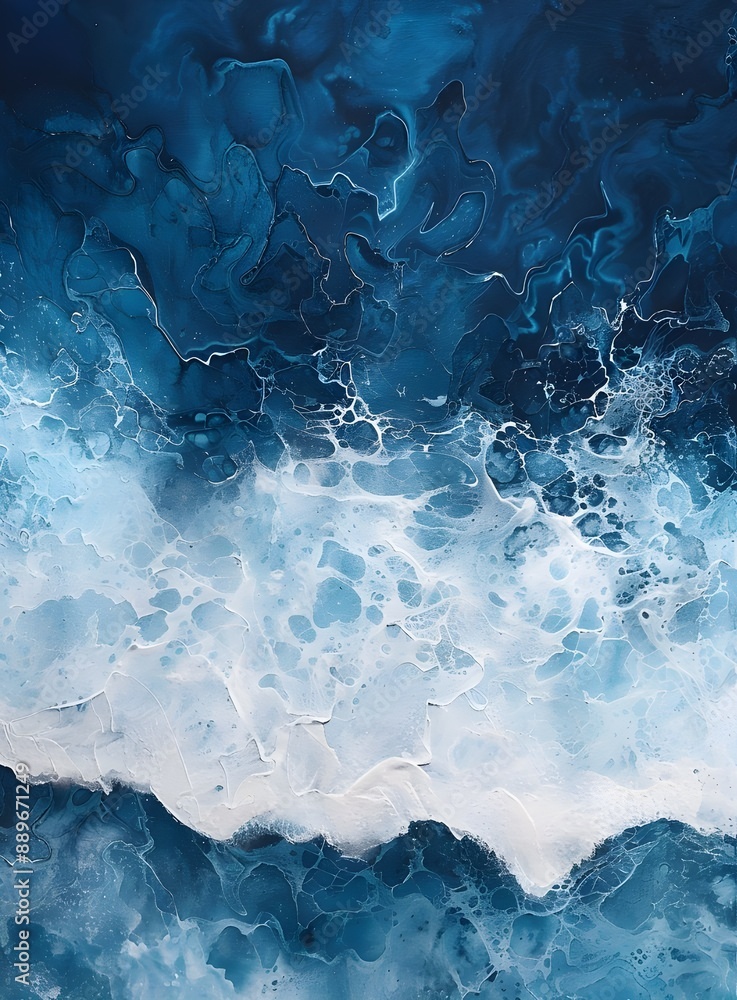 Poster aerial view of the ocean, with white foam and blue water in the center. the background is a dark blu