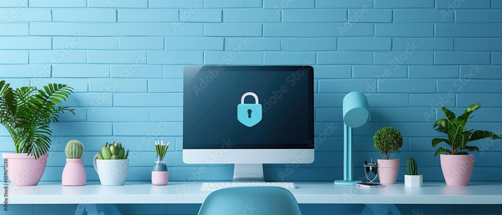 Poster secure your digital world with a brick wall firewall protection flat design image. perfect for cyber