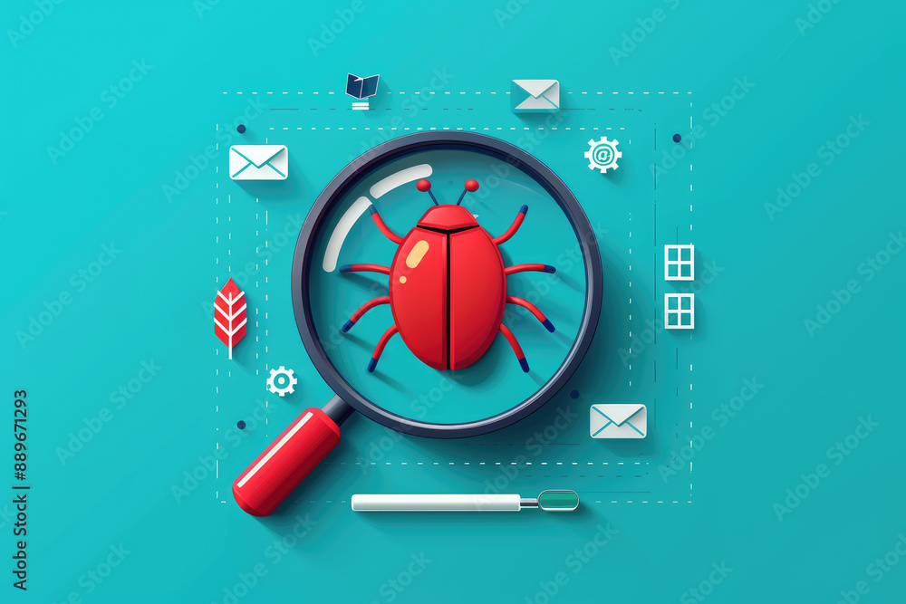 Poster detailed flat design image depicting a bug and magnifying glass symbolizing malware detection. ideal