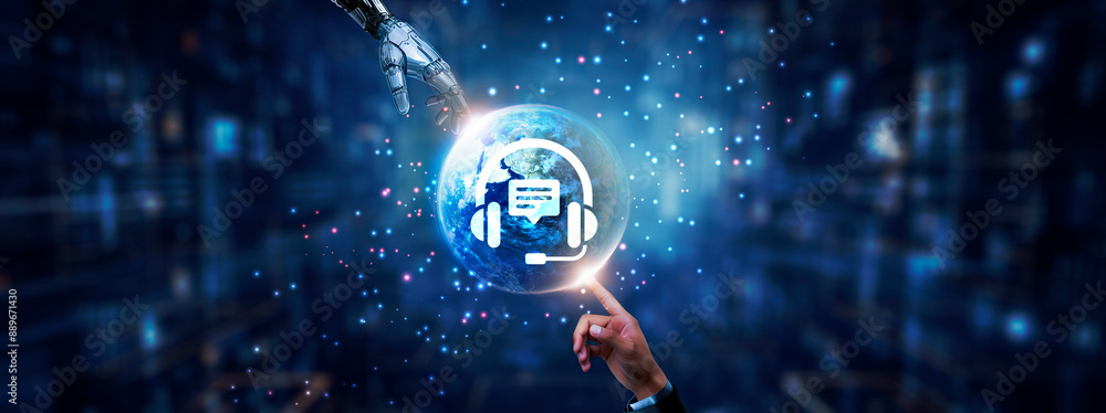 Poster hands of robot and human touching on customer support icon global network connection, real-time assi