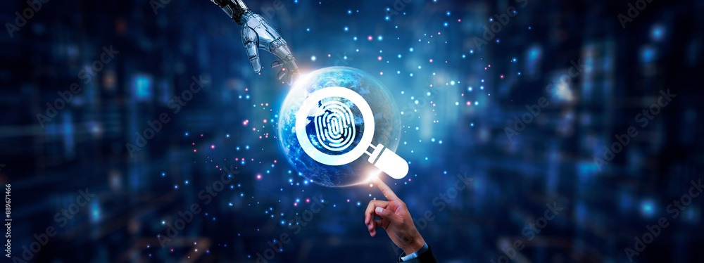 Poster hands of robot and human touching on digital forensics icon global network connection, cybersecurity