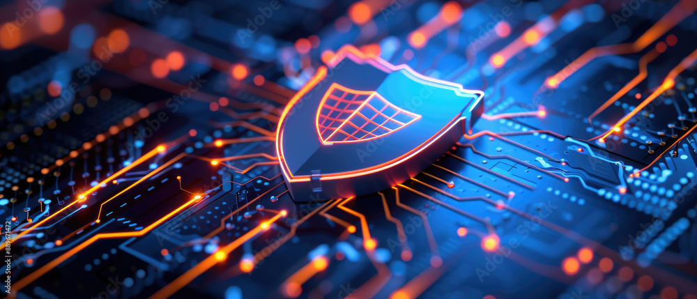 Aufkleber illustration of a network security shield incorporating a circuit board design, representing digital