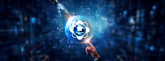 Hands of robot and human touching on branding icon global network connection, digital marketing...