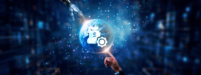 Hands of robot and human touching on asset management icon global network connection, financial...