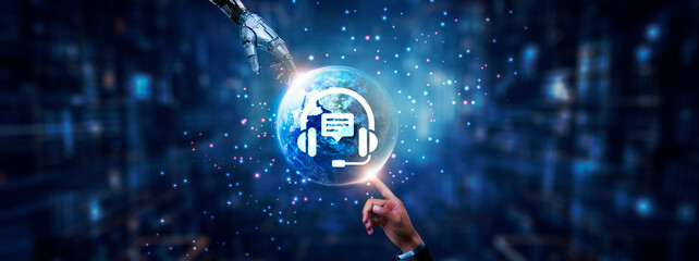 Hands of robot and human touching on customer support icon global network connection, real-time...
