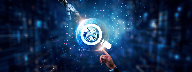 Hands of robot and human touching on digital forensics icon global network connection,...
