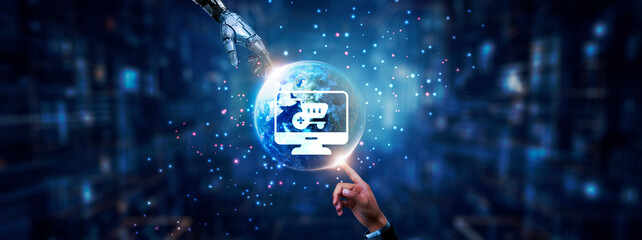 Hands of robot and human touching on e-commerce icon global network connection, online transactions, digital marketing, customer analytics, and artificial intelligence technology.