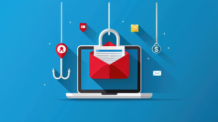 Illustration of a phishing email alert with a hook symbol, emphasizing online security and threat awareness.