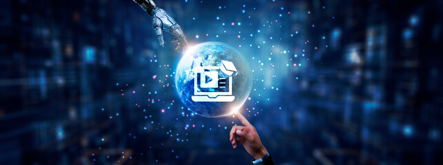Hands of robot and human touching on E-learning icon global network connection, virtual classrooms, online courses, digital resources, and artificial intelligence technology.