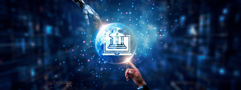 .Hands of robot and human touching on e-governance icon global network connection, digital infrastructure, public services, cybersecurity, and artificial intelligence technology.