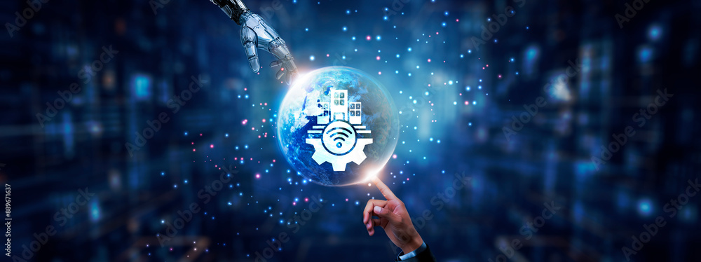 Poster hands of robot and human touching on smart building technology icon global network connection, energ