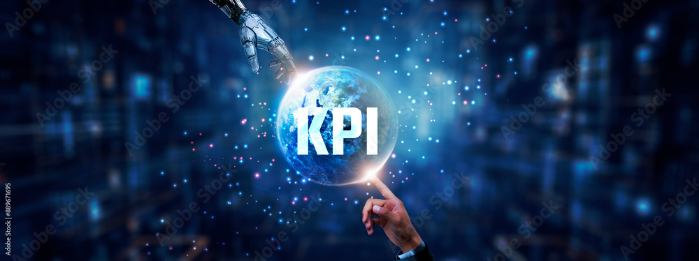 Poster hands of robot and human touching on kpi icon global network connection, performance metrics, effici