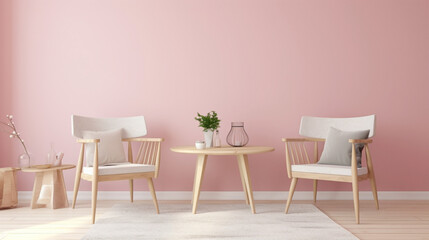 Retreat to a Nordic-inspired retreat with two chrs in soothing hues, a central table, and an empty canvas agnst a backdrop of pure pink, white, or yellow.