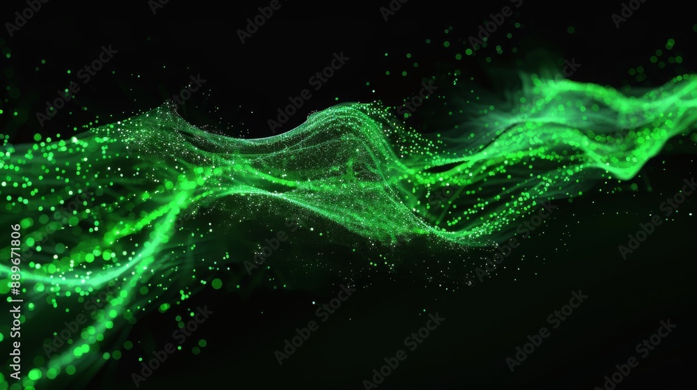 Poster a green wave of glowing particles flows across a black background.