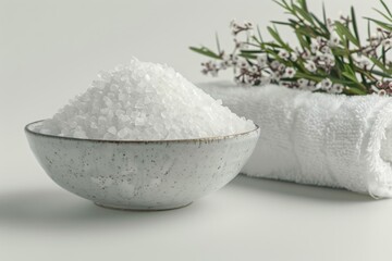 Indulge in a tranquil bath experience with a soft, crisp towel and soothing bath salts. Perfect for unwinding after a long day.