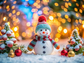 Christmas decoration with a cute cheerful snowman in the snow in a winter park with beautiful bokeh