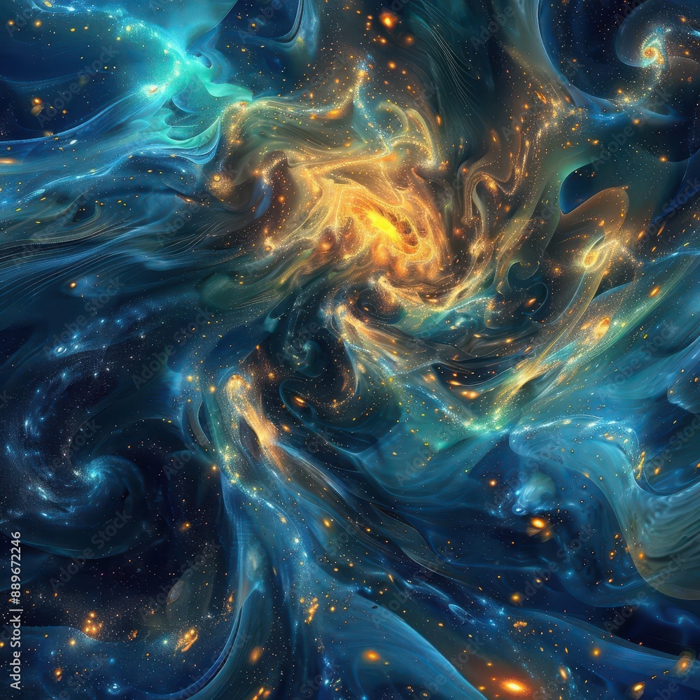 Wall mural abstract digital landscape of swirling galaxies and shimmering auroras vibrant blues and golds blend