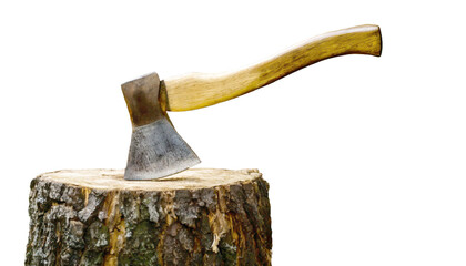 Old sharp axe with a wooden handle, in tree stump at the edge of the woods, transparent backdrop.