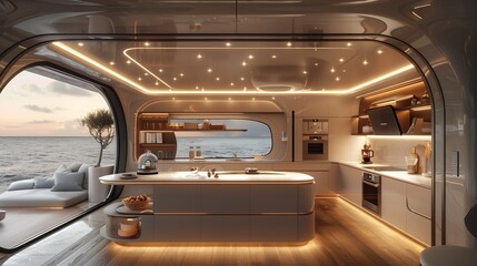 Fototapeta premium Modern Yacht Kitchen With Sea View at Sunset