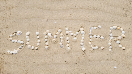 Seashells spelling 'SUMMER' on sandy beach, perfect for summer vacation concepts and seaside holiday promotions