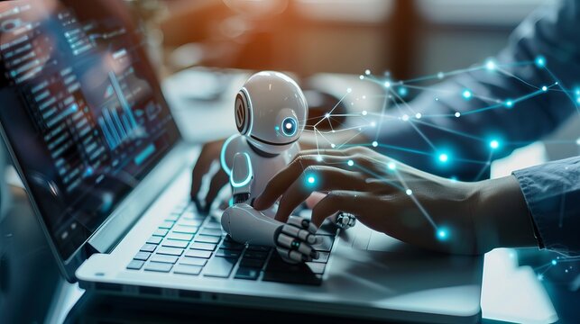 Chatbot conversation assistant A person using an online customer service chatbot for support Artificial intelligence and software technology in a customer support center