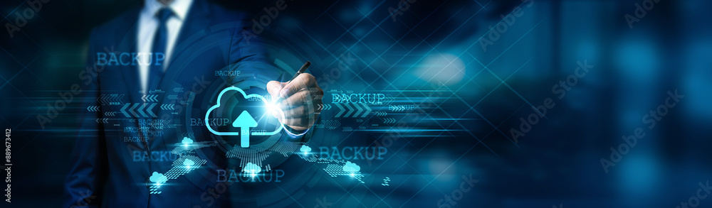 Poster businessman draw backup encryption of analytics and statistics. global network integration, strategi